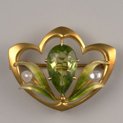 Pin, Art Nouveau 14KY Peridot Pear shape 7.5x12.5mm & Seed Pearls 2.5mm, antique