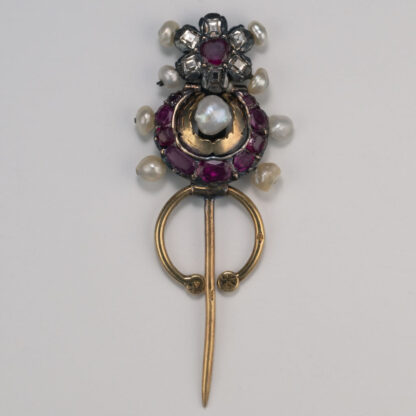 Vintage Stick Pin w FWP, Rubies & Diamonds, 14KY