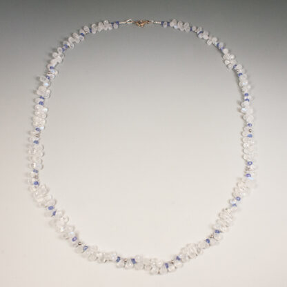 Necklace, Clear/White Moonstone Brioletts 4mm with Tanzanite 3mm faceted rondels and 14KW, 22"