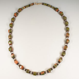 Necklace, Unakite, Moonstone & wooden beads, 14KY, 18"