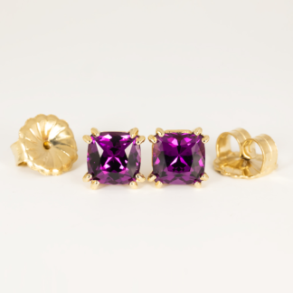 Cushion Cut Grape Garnet Ear Studs in 14KY