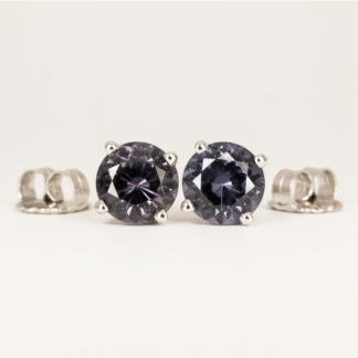 Burmese Grey Spinel Round Ear Studs in 14K White Gold