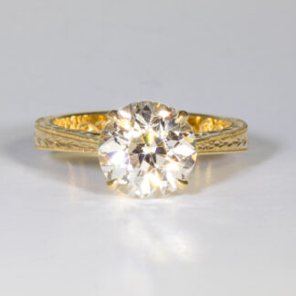 Engagement Ring, Diamond supplied (7.82mm 1.85ct. J SI1, Old European Brilliant) Engraved Cathedral shank, 18KY, sz. 3.5