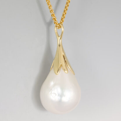 White Baroque Pearl Drop Pendant in Floral Mounting - Image 2