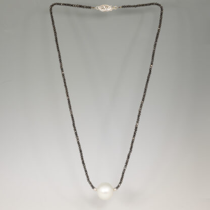 Necklace, Black Diamond Faceted Rondelles, 2 - 2.5mm, White Freshwater Pearl 14.4mm, 16", 14KW