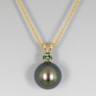 Pendant, Black Tahitian drop pearl 10.3mm, Mint Tourmaline RBC Afghanistan, 3.5mm .15ct 14KY
