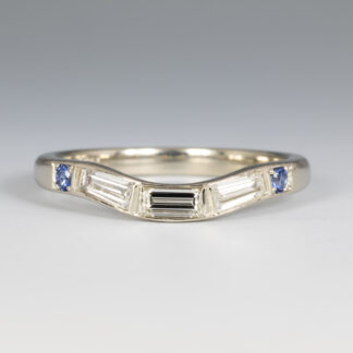 Wedding band to fit, Diamonds: Straight baguette .13ct 4x1.75mm FG/VS, (2) Tapered baguettes .17ctw, 4x1.75x1.25mm FG/VS, (2) 1.75mm blue sapphire, 14KW, sz 6.5
