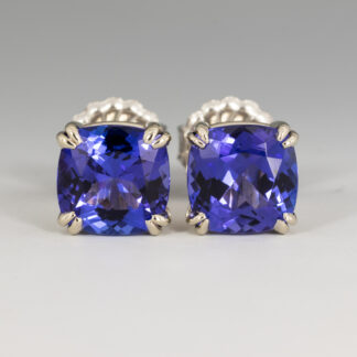 Ear Studs, Tanzanite Cushion 7mm 2.88ctw. 14KW