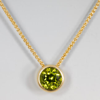 Pendant, Slide, Peridot (Pakistan) 8mm 2.31ct RFC, Bezel set 14KY