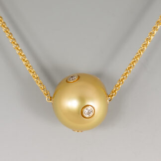 Necklace Slide, Golden South Sea Pearl (12mm) with 5 diamonds .03 each .15ctw FG/SI 1, on Spiga chain 1.1mm 20" ADJ 18KY