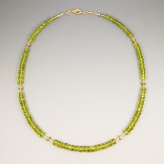 Necklace, Peridot 5mm faceted rondel, 14KY Heshi & Flat Round, 16", 14KY clasp