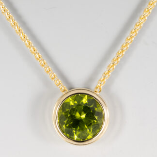 Necklace, Slide, Peridot (Pakistan) Round brilliant cut 8mm 2.17ct, Wheat Chain 1.1mm 18" ADJ 14KY