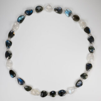 Necklace Moonstone & Labradorite Faceted Organic flat shapes & 8.5mm Tyre Beads 26"