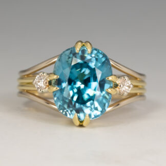 Ring, Blue Zircon 4.81ct Cushion 9.6c7.8x6.2mm, Diam, .04each D-G VS1, sz 7 with insert, 18KY & W