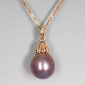 Pendant, Purple FW Pearl drop, 12.75x15.5mm 14KR