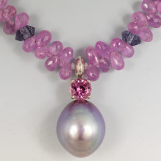 Necklace Pink Sapphire Briolettes 5.5x3.1mm 60.82ctw & Grey Amethyst faceted Rondelles 5.5mm with pink Tourmaline 5.5mm RBC .66ct & Purple Pearl drop 14KW 4 Prong Basket setting & Bail Lobster clasp 16"