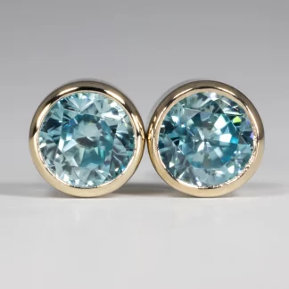 Ear Studs, Blue Zircon, 5mm 1.94ctw (1.08ct, .86ct.) RFC, Cambodia, 14KW Bezel set