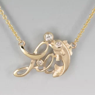 Necklace, "Lil fish" with 3 diamonds supplied (2) @ 2mm, (1) @ 2.75mm, 14KY, 1.3mm cable chain, 16"