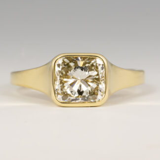 Engagement Ring, Diamond provided 1.25ct cushion cut 6.7x6.2mm, tapered carved solid shank 18KY, size 5.5