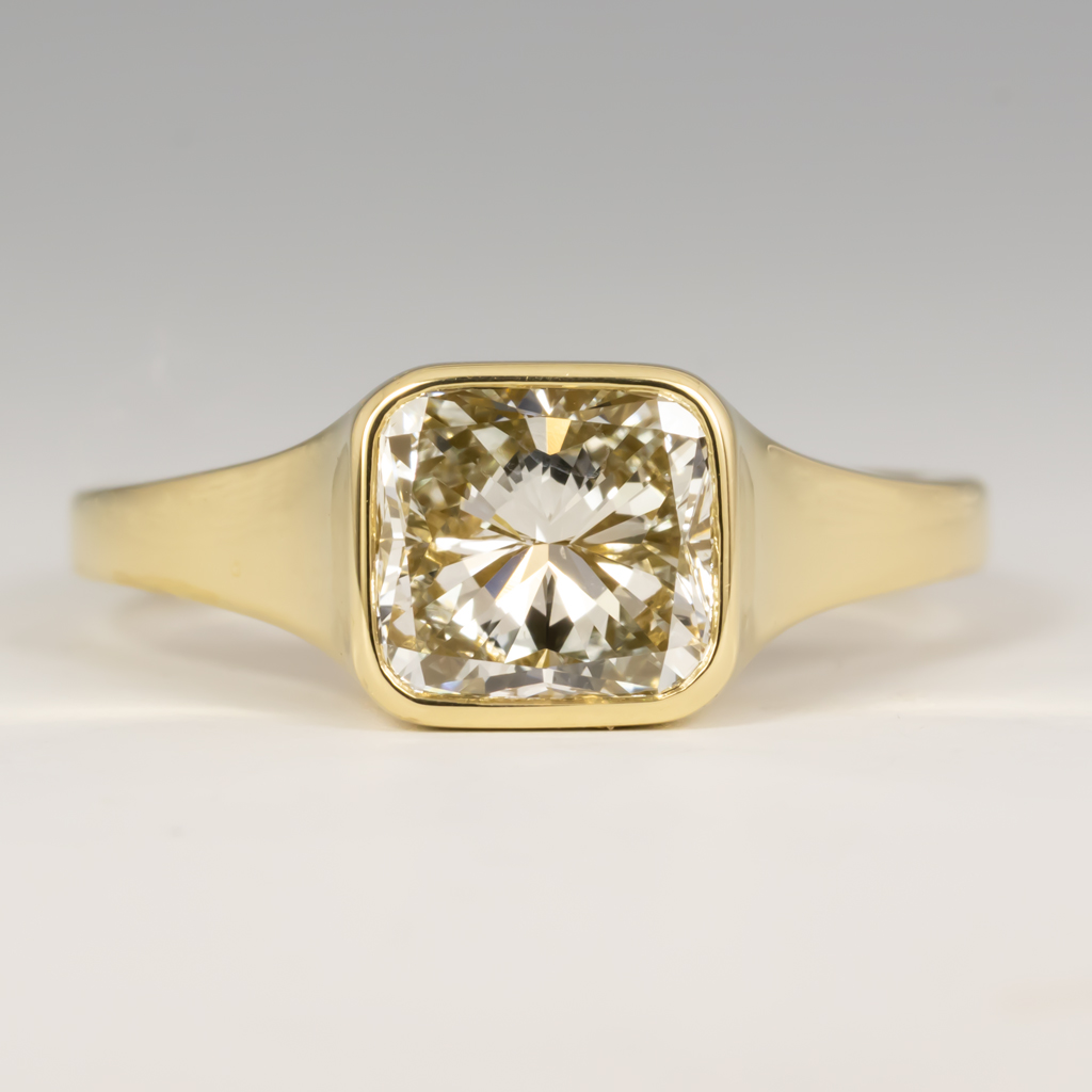 Engagement Ring, Diamond provided 1.25ct cushion cut 6.7x6.2mm, tapered carved solid shank 18KY, size 5.5