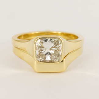 Wedding Set of Cushion Diamond Engagement Ring with Carved Band in 18K Yellow Gold