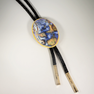 Bolo with black leather cord: Painted wood provided - make back for cord, Sterling Silver. Black leather cord with 14KY finials 43" total length