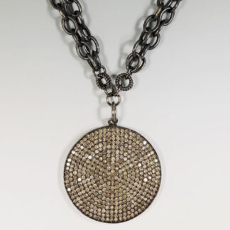 Round "Chocolate" Diamond Pendant on Chain Necklace Oxidized SS double cable chain 17" w/ single cable extender 3" w/ 29.87mm round pendant w/ 1mm "chocolate" diamonds Beth Miller