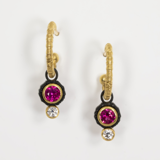 Earrings, Chroma Gold Hoop w/ Double Stone Dangle w/ .5ct ruby (3.8mm) and .10ct (2.5mm) white diamonds 18KY/OCC, Sarah Graham