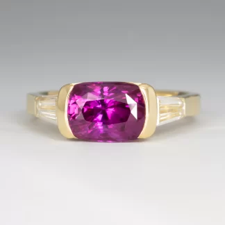 Ring, Boysenberry Sapphire Cushion 2.56ct. 8.69 x 6.06mm. Diamond Tapered Baguettes .64ctw 5.85 x 3.18 x 2.15mm F VS1, 18KY Sz 6