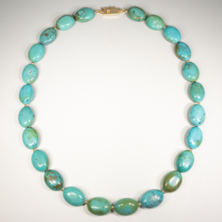 Necklace Turquoise Flat Ovals 17-19mm with 14KY beads Tiffany& Co box clasp (reclaimed) 18"