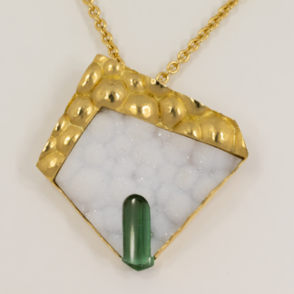 Tourmaline and Druzy Agate Brooch with Chased and Repouse 18KY