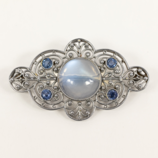 Moonstone and Sapphire Filigree 1940's Brooch in 14KW