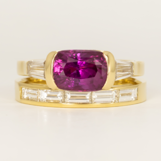 Boysenberry Sapphire and Diamond Ring with Baguette Diamond Wedding Band Set