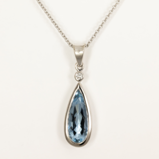 Elongated Pear Aquamarine Pendant with Diamond in 14KW Bezel