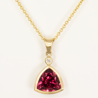 Triangular Pink Tourmaline Pendant with Diamond in 14KY Bezel