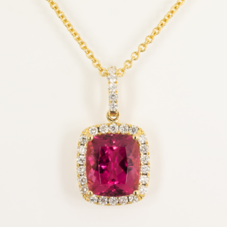 Pink Tourmaline Cushion Pendant with Diamond Halo in 18KY