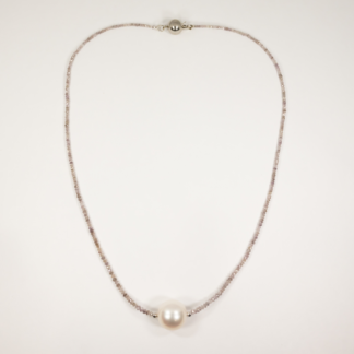 Lavender Diamonds and Freshwater Pearl Necklace Diamonds Graduated 1.2-2mm 13.21ctw White Round Freshwater Pearl 13.2mm 16.5" 14K White Gold Ball Clasp