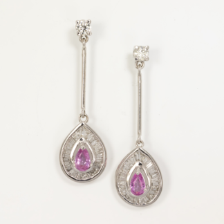 Pink Sapphire Drop Earrings with Diamonds in 14K White Gold