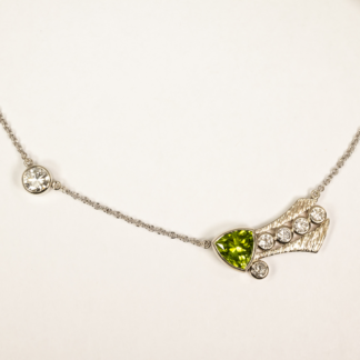 Peridot Trillion Necklace with Diamonds in 14K White Gold on Adjustable Cable Chain