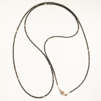 Necklace Black Diamonds with 14K White Gold Round Beads and Quad Spacers with Lobster Clasp 32.5"