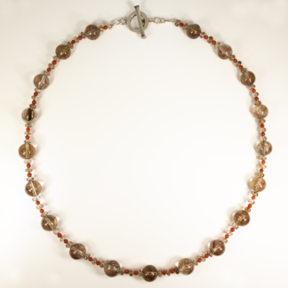 Rutilated Quartz Necklace with Red Coral and Sterling Silver Clasp