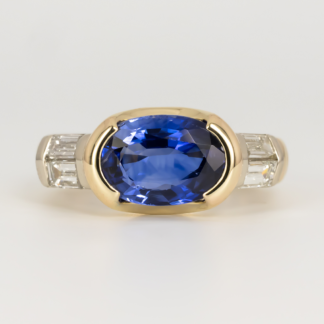 Sapphire Ring with Baguette Diamonds in 14K Yellow and White Gold
