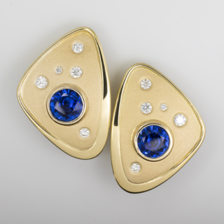 Triangular Ceylon Sapphire Earrings in Polished and Matte 18K Yellow Gold with Diamonds and Omega Backs without Posts